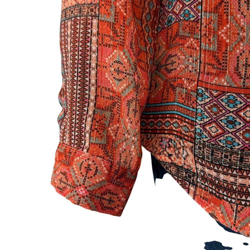 Pale Sky Orange Blue Bohemian style Top Silver threads Camisole Smocking V Neck - Picture 9 of 16